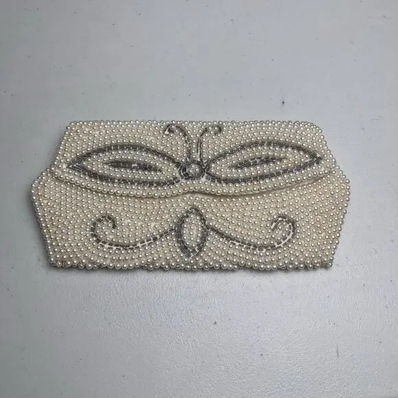 Vintage Pearl Beaded Clutch Handmade Japan Mid Century 8x4 Ivory Butterfly Snap - Picture 8 of 16